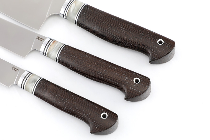 Комплект из 3-х кухонный ножей кованая сталь Х12МФ рукоять вставка акрил белый, венге