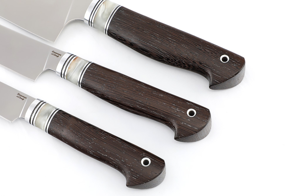 Комплект из 3-х кухонный ножей кованая сталь Х12МФ рукоять вставка акрил белый, венге