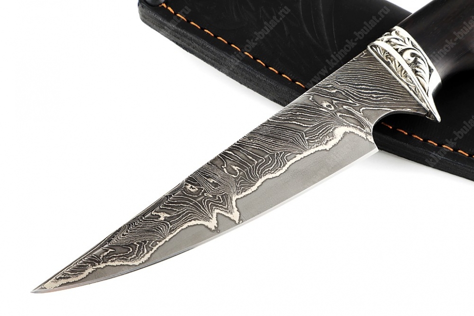 Нож Комар (ламинат - 9ХС и дамаск с никелем, рукоять чёрный граб, гарда мельхиор)