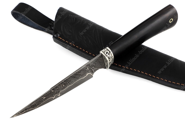 Нож Комар (ламинат - 9ХС и дамаск с никелем, рукоять чёрный граб, гарда мельхиор)