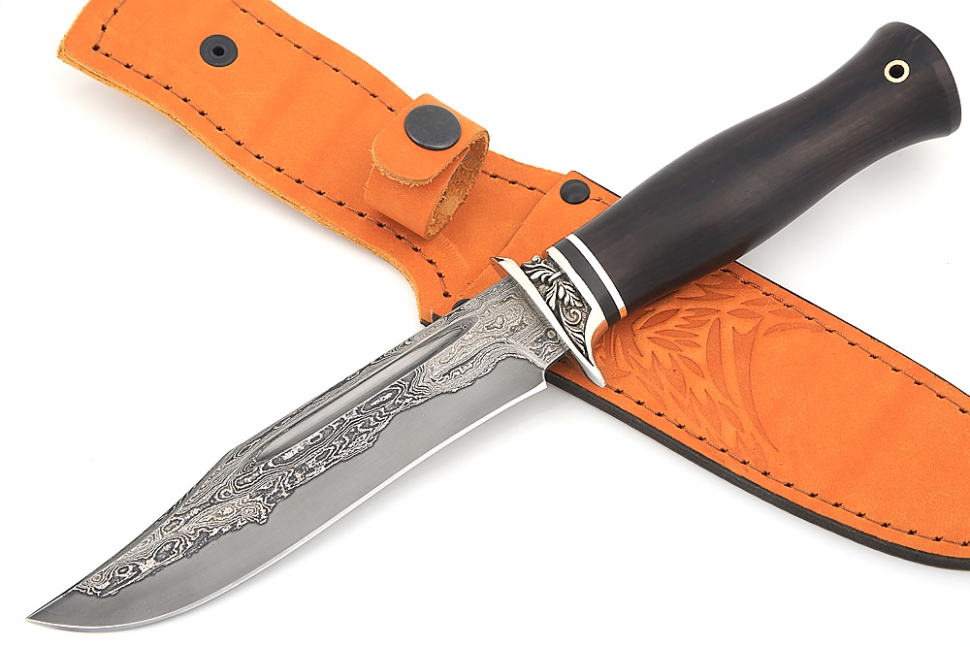 Нож Атака (ламинат - 9ХС и дамаск с никелем, рукоять чёрный граб, гарда из мельхиора)