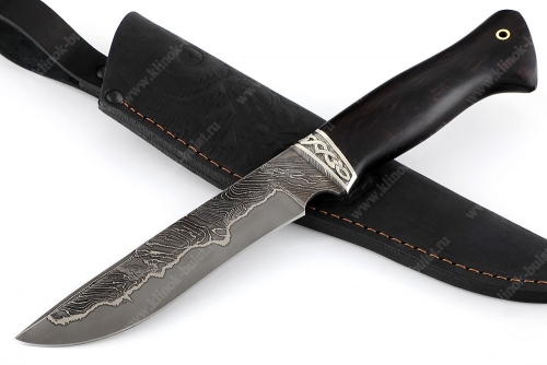 Нож Флагман (ламинат - 9ХС и дамаск с никелем, рукоять чёрный граб, гарда мельхиор)