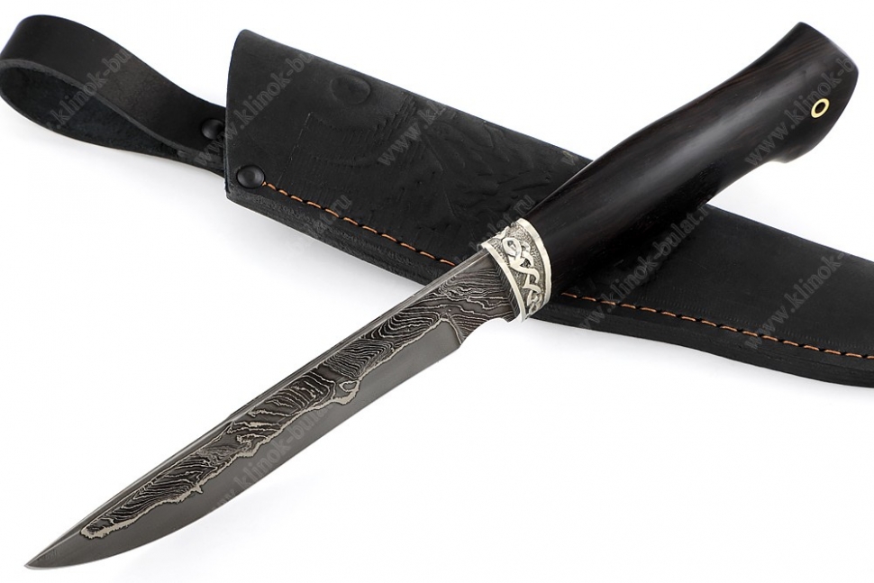 Нож Флагман (ламинат - 9ХС и дамаск с никелем, рукоять чёрный граб, гарда мельхиор)