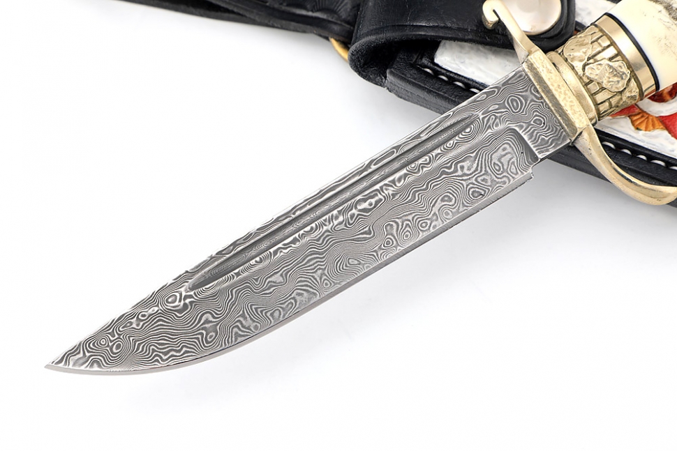 Нож Боевой офицер (нержавеющий дамаск, кость, мельхиор, скримшоу на кости)
