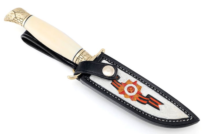 Нож Боевой офицер (нержавеющий дамаск, кость, мельхиор, скримшоу на кости)