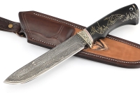 Нож Скат (ламинат - 9ХС и дамаск с никелем, рукоять чёрный граб с инкрустацией, гарда мельхиор) формованные ножны