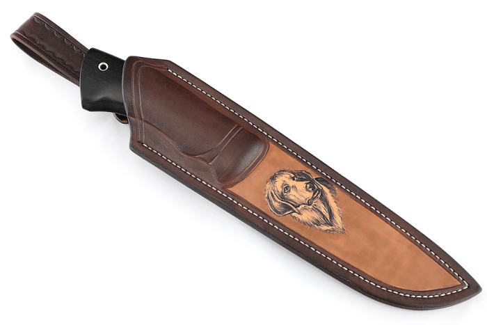 Нож Скат (ламинат - 9ХС и дамаск с никелем, рукоять чёрный граб с инкрустацией, гарда мельхиор) формованные ножны