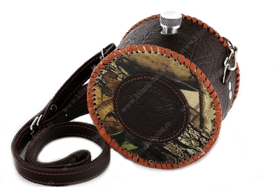 Фляжка круглая 1 литр из нержавеющей стали в комбинированном чехле