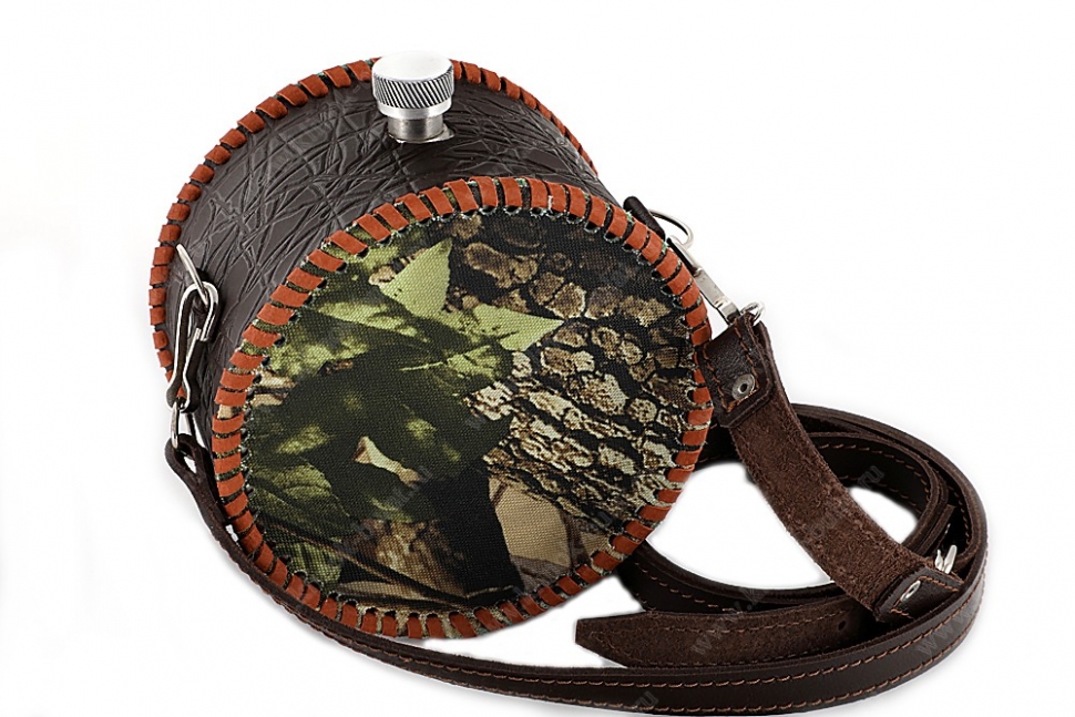 Фляжка круглая 1 литр из нержавеющей стали в комбинированном чехле