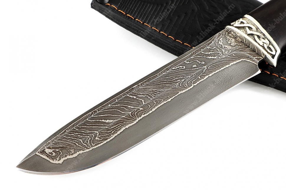Нож Скат (ламинат - 9ХС и дамаск с никелем, рукоять чёрный граб, гарда мельхиор)