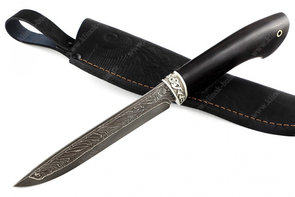 Нож Скат (ламинат - 9ХС и дамаск с никелем, рукоять чёрный граб, гарда мельхиор)