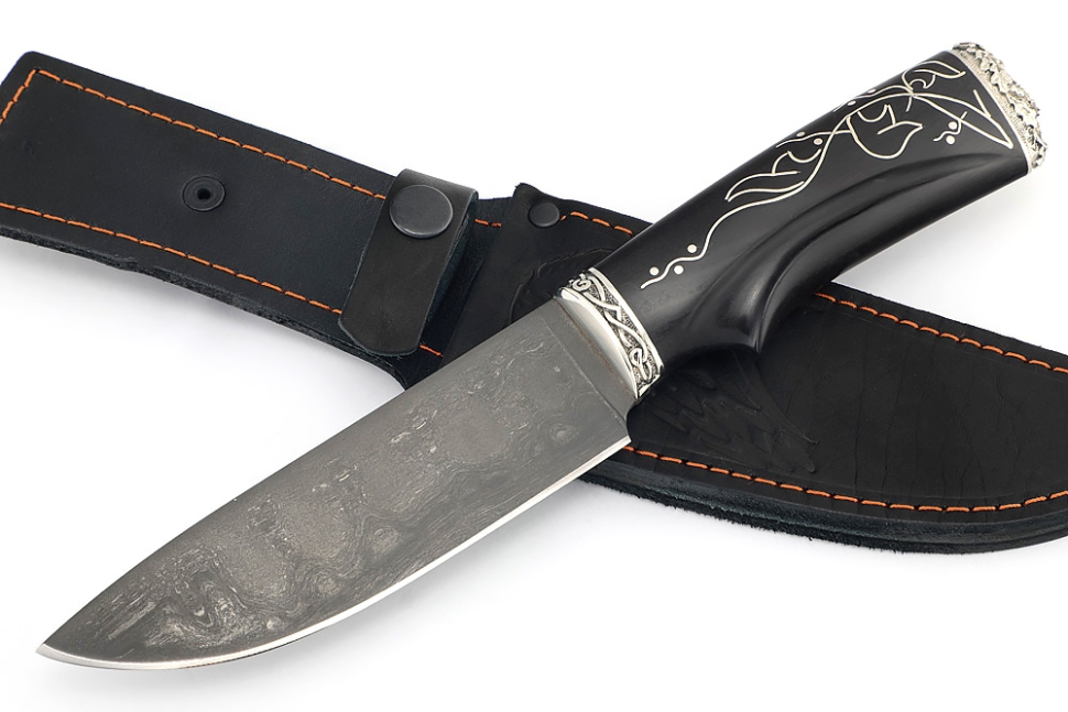 Нож Глухарь (булат, черный граб, инкрустация, мельхиор) резная рукоять