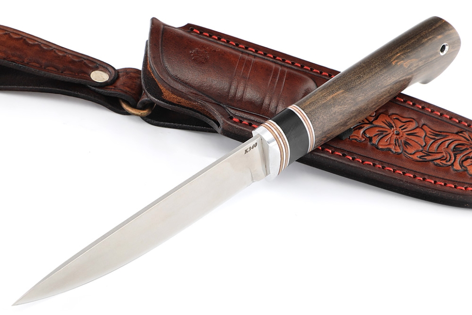 Нож Пантера К340 рукоять вставка черный граб, карельская береза коричневая формованные ножны