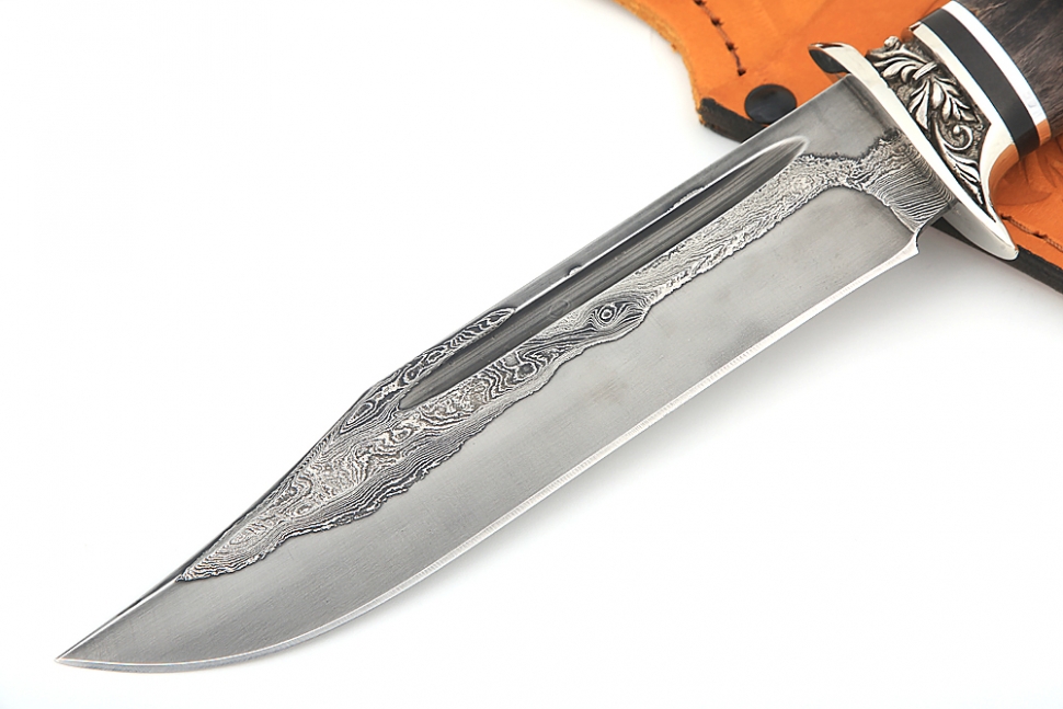 Нож Атака (ламинат - 9ХС и дамаск с никелем, рукоять стабилизированная карельская берёза(коричневая)