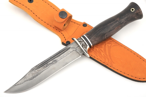 Нож Атака (ламинат - 9ХС и дамаск с никелем, рукоять стабилизированная карельская берёза(коричневая)