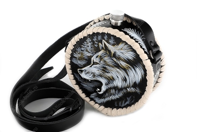 Фляжка круглая 0,5 литра из нержавеющей стали в чёрном чехле (ручная роспись)