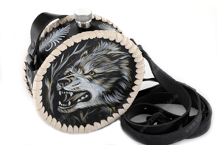 Фляжка круглая 0,5 литра из нержавеющей стали в чёрном чехле (ручная роспись)