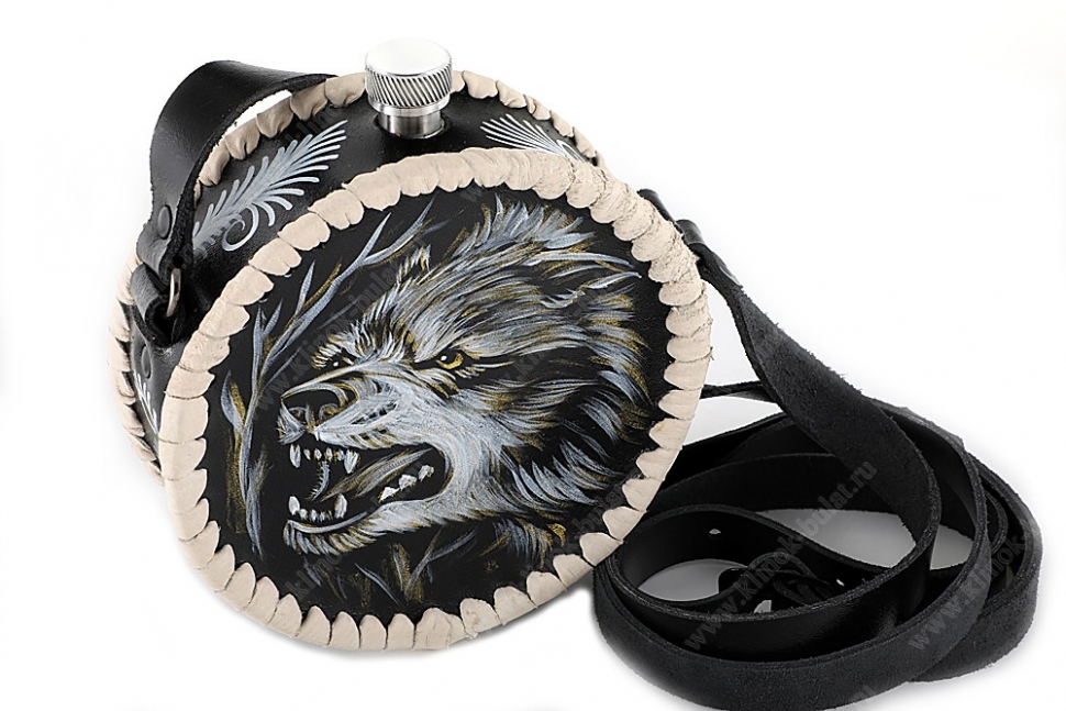 Фляжка круглая 0,5 литра из нержавеющей стали в чёрном чехле (ручная роспись)