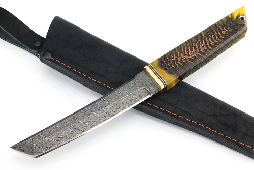 Нож Самурай малый (дамаск, шишка в акриле желтая) 
