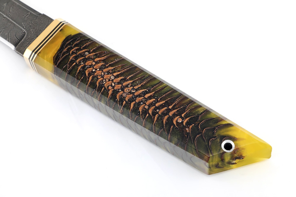 Нож Самурай малый (дамаск, шишка в акриле желтая)