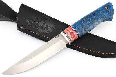 Нож Стрела (S390, вставка зуб мамонта красный, кап клена синий)