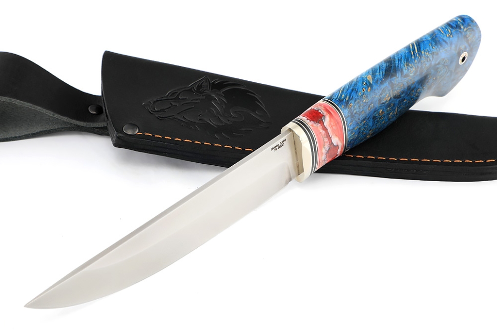 Нож Стрела (S390, вставка зуб мамонта красный, кап клена синий)