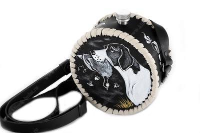 Фляжка круглая 0,7 литра из нержавеющей стали в чёрном чехле (ручная роспись)