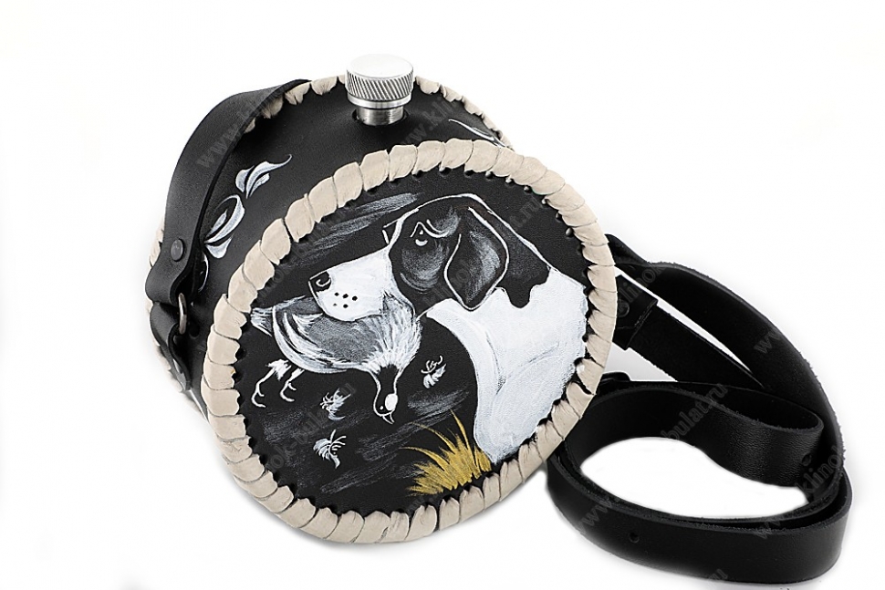 Фляжка круглая 0,7 литра из нержавеющей стали в чёрном чехле (ручная роспись)