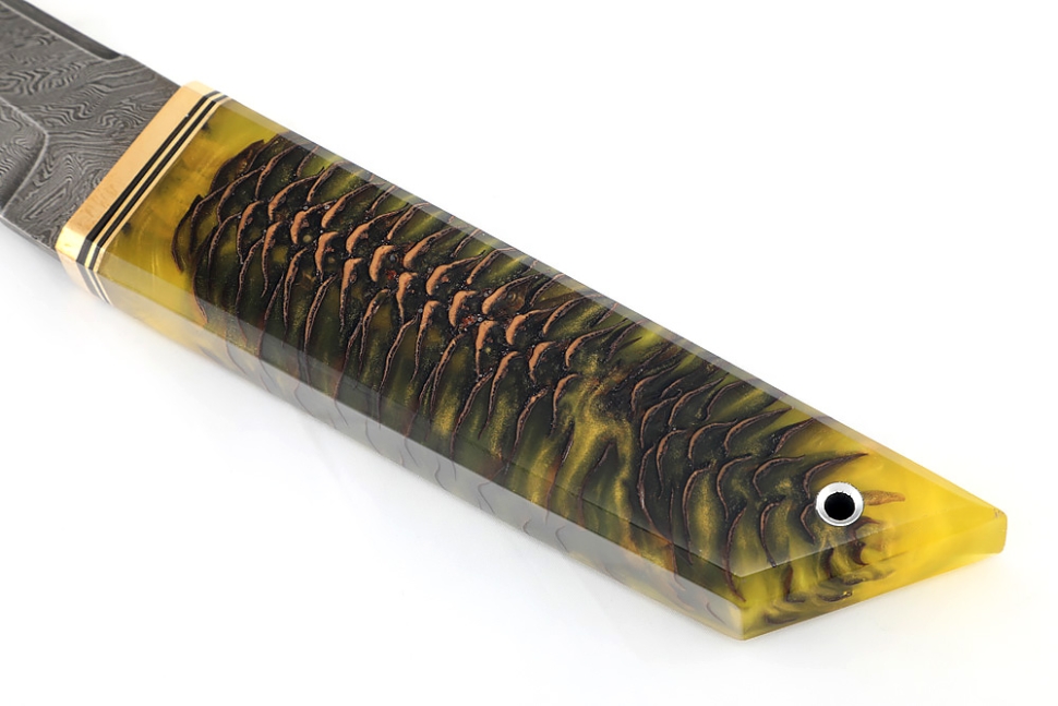 Нож Самурай (дамаск, шишка в акриле желтая)