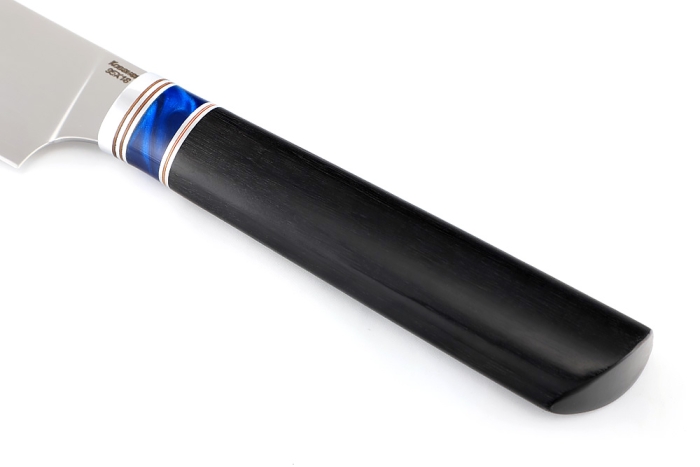 Кухонный нож Сантоку малый кованая сталь 95x18 рукоять вставка акрил синий, черный граб