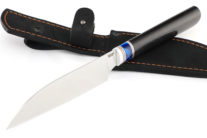 Кухонный нож Сантоку малый кованая сталь 95x18 рукоять вставка акрил синий, черный граб