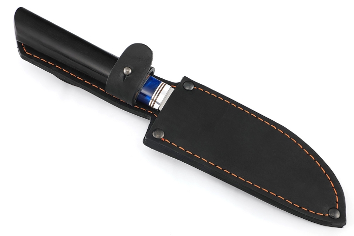 Кухонный нож Сантоку малый кованая сталь 95x18 рукоять вставка акрил синий, черный граб