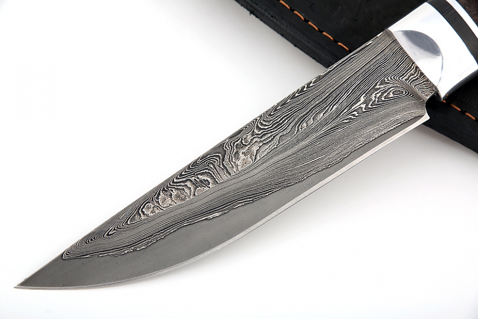 Нож Стрела (ламинат - 9ХС и дамаск с никелем, коричневая стабилизированная карельская берёза с инкрустацией)