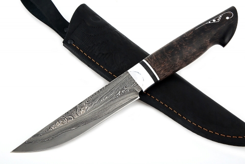 Нож Стрела (ламинат - У12 и дамаск с никелем, коричневая стабилизированная карельская берёза с инкрустацией)