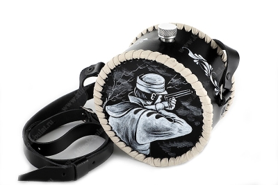 Фляжка круглая 1 литр из нержавеющей стали в чёрном чехле (ручная роспись)