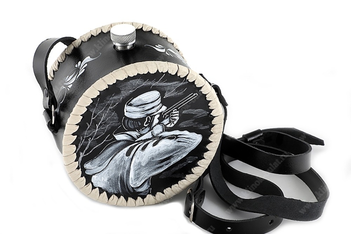 Фляжка круглая 1 литр из нержавеющей стали в чёрном чехле (ручная роспись)