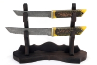 Комплект из 2 ножей Самурай дамаск рукоять шишка в акриле желтая на подставке