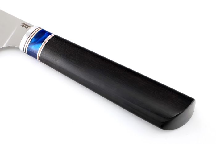 Кухонный нож Сантоку средний кованая сталь 95x18 рукоять вставка акрил синий, черный граб