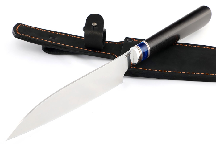 Кухонный нож Сантоку средний кованая сталь 95x18 рукоять вставка акрил синий, черный граб