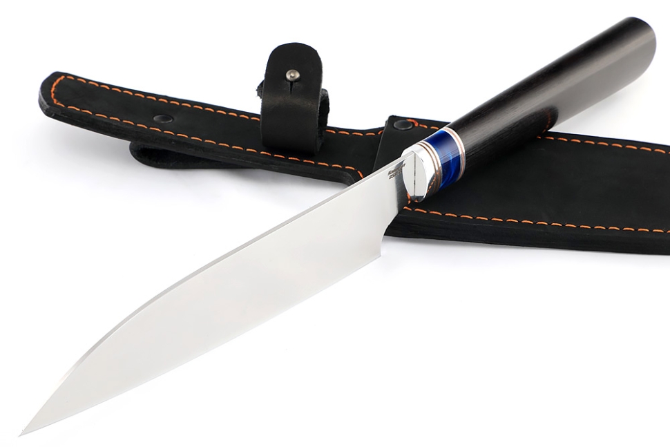 Кухонный нож Сантоку средний кованая сталь 95x18 рукоять вставка акрил синий, черный граб