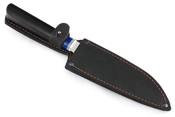 Кухонный нож Сантоку средний кованая сталь 95x18 рукоять вставка акрил синий, черный граб