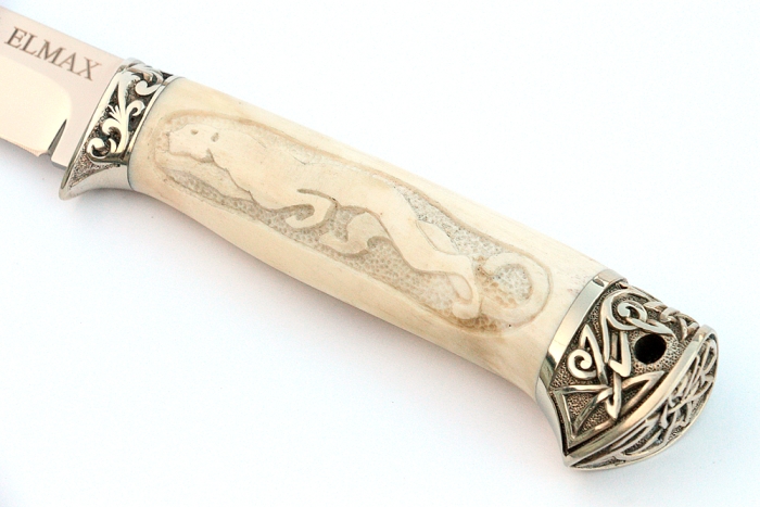 Нож Пантера (порошковая сталь Elmax, рог лося - мельхиор), резьба ручной работы