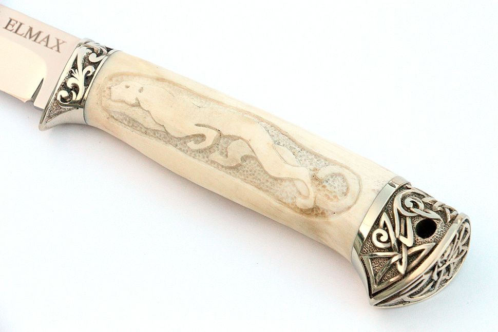 Нож Пантера (порошковая сталь Elmax, рог лося - мельхиор), резьба ручной работы