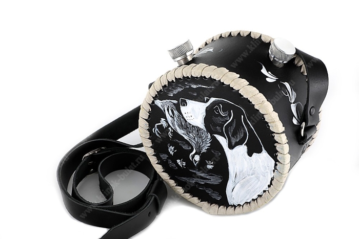 Фляжка круглая 1 литр (двойная) из нержавеющей стали в чёрном чехле (ручная роспись)