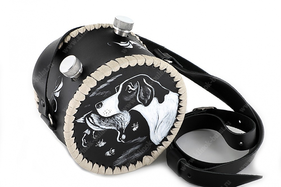 Фляжка круглая 1 литр (двойная) из нержавеющей стали в чёрном чехле (ручная роспись)