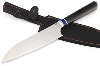 Кухонный нож Сантоку большой кованая сталь 95x18 рукоять вставка акрил синий, черный граб