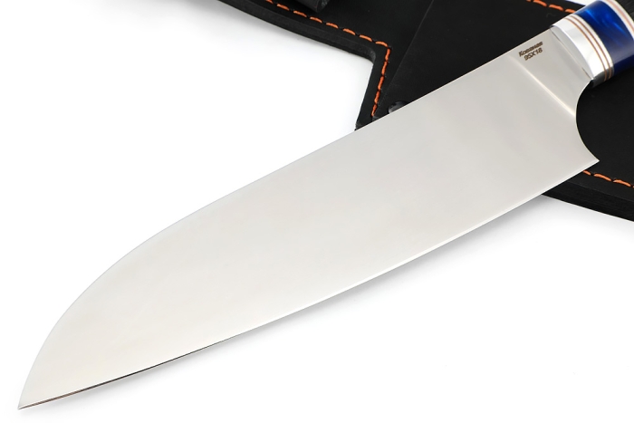 Кухонный нож Сантоку большой кованая сталь 95x18 рукоять вставка акрил синий, черный граб