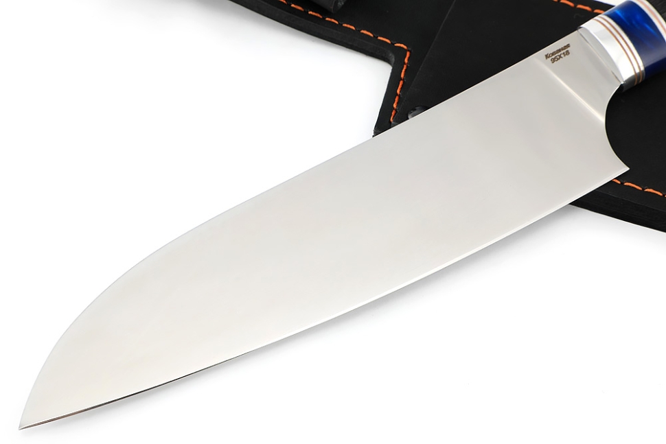 Кухонный нож Сантоку большой кованая сталь 95x18 рукоять вставка акрил синий, черный граб