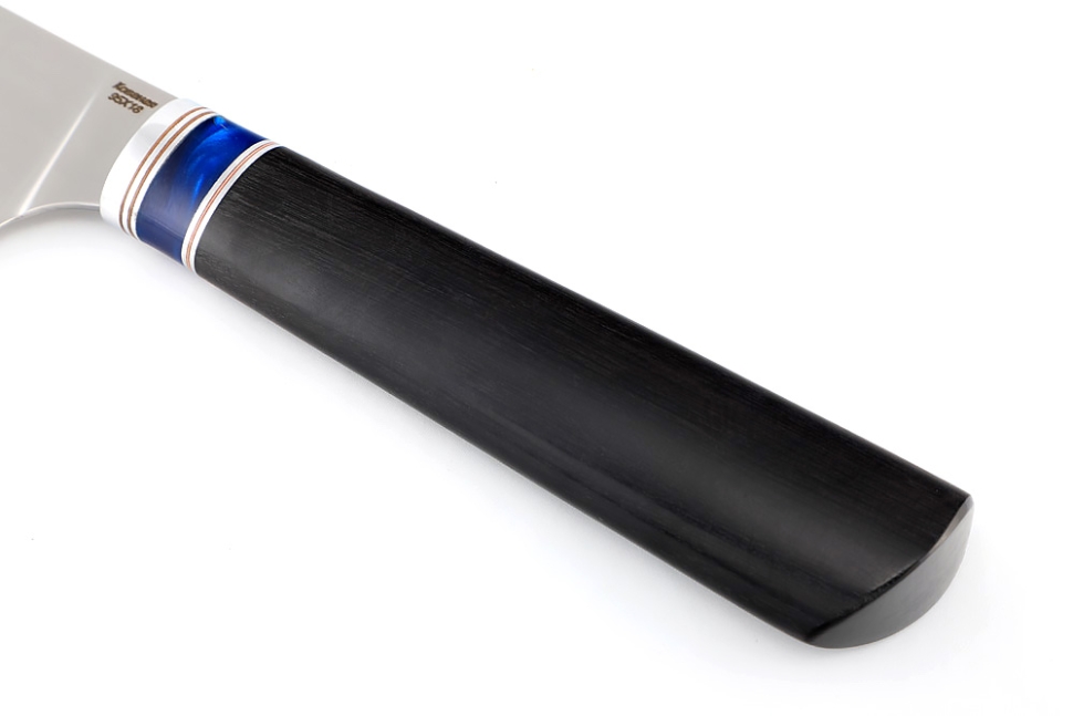 Кухонный нож Сантоку большой кованая сталь 95x18 рукоять вставка акрил синий, черный граб