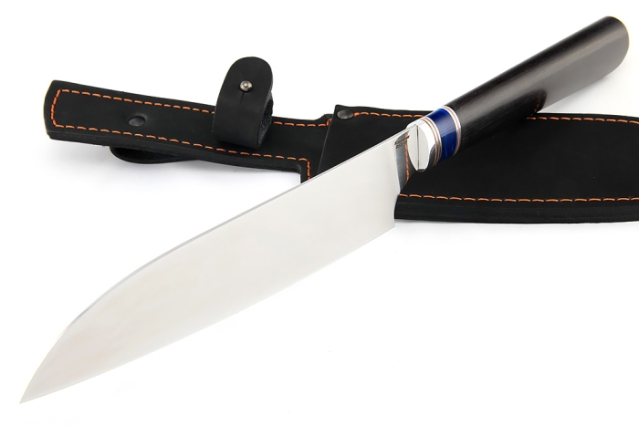 Кухонный нож Сантоку большой кованая сталь 95x18 рукоять вставка акрил синий, черный граб